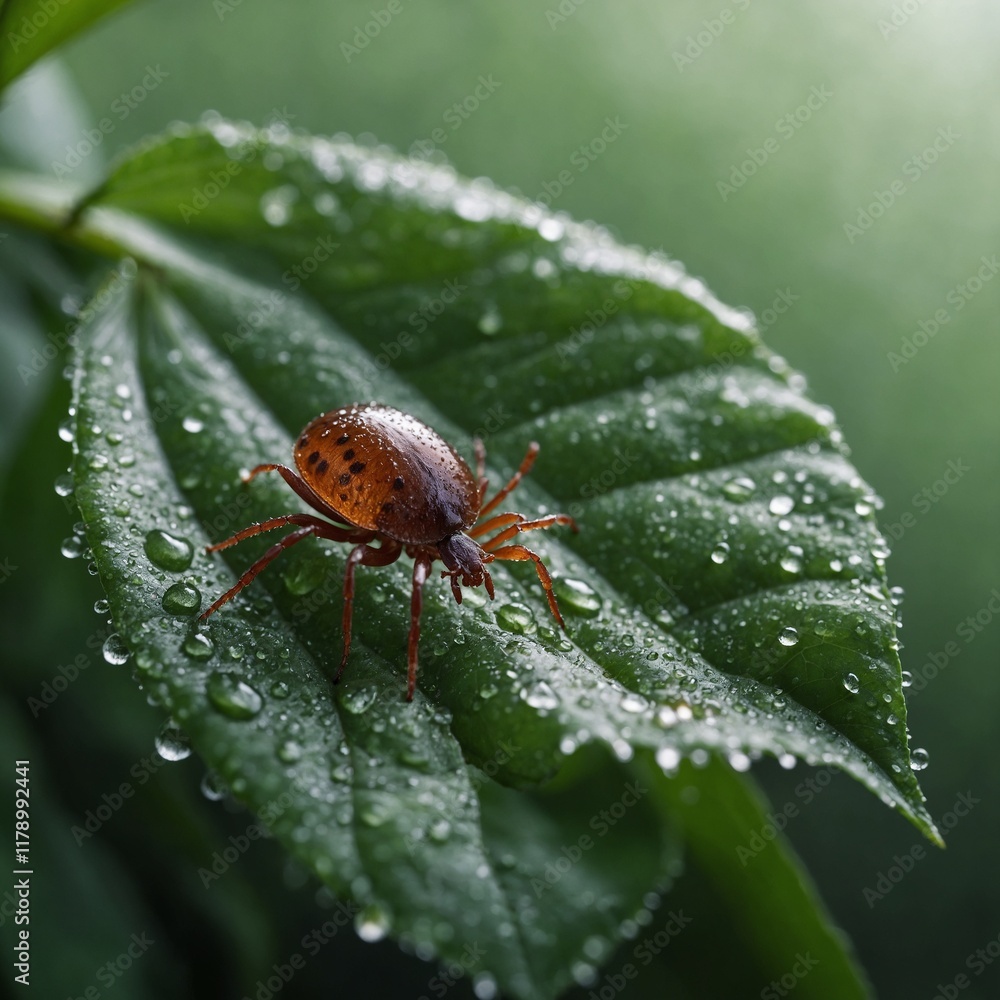 A tick moving slowly on a large, dewy green leaf surrounded by morning fog. A tick moving slowly on a large, dewy green leaf surrounded by morning fog.