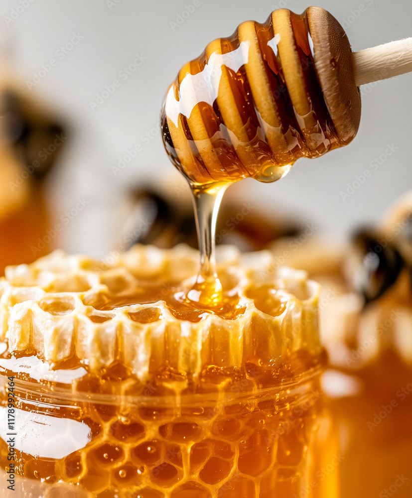 Honey Dipper Pouring Honey into Honeycomb-Filled Jar Honey Dipper Pouring Honey into Honeycomb-Filled Jar