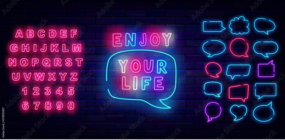 Enjoy your life neon quote. Speech bubbles frames set. Motivational emblem. Vector stock illustration Enjoy your life neon quote. Speech bubbles frames set. Motivational emblem. Vector stock illustration