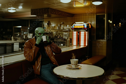 A green-skinned alien dressed in a brown jacket sits at a table in a nostalgic diner, sipping coffee from a cup and exuding an unusual yet relaxed vibe amidst vintage decor. photo