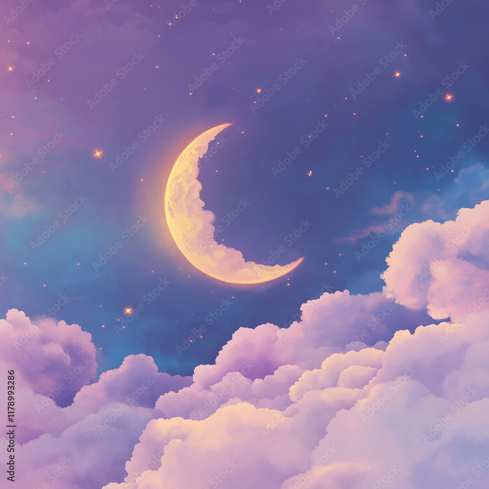 A whimsical pastel illustration of a crescent moon hanging in a lavender sky A whimsical pastel illustration of a crescent moon hanging in a lavender sky