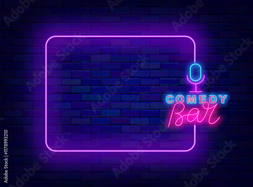 Comedy bar neon banner. Stand up. Night club and empty purple frame. Vector stock illustration