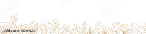 Wild blooming meadow flowers and herbs border. Horizontal banner, floral overlay backdrop. Botanical monochrome gold sketch style hand drawn vector illustration isolated on transparent background.