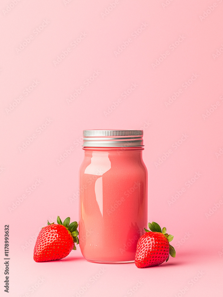 Pink Liquid in Mason Jar with Strawberries Pink Liquid in Mason Jar with Strawberries