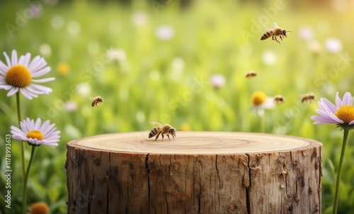 Bees buzzing around a wooden stump photo