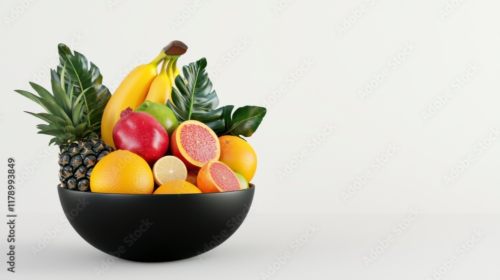 Hyper-Realistic 3D Bowl of Fresh Fruit with Vibrant Textures and Colors for Use in Culinary, Healthy Lifestyle, or Artistic Visuals Hyper-Realistic 3D Bowl of Fresh Fruit with Vibrant Textures and Colors for Use in Culinary, Healthy Lifestyle, or Artistic Visuals