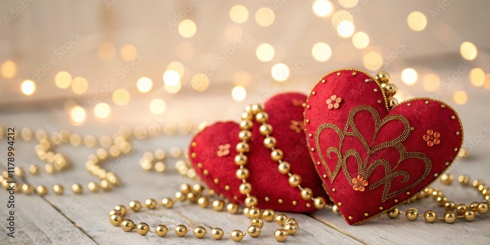 Fototapeta premium Heart Decorations with Golden Beads and Lights