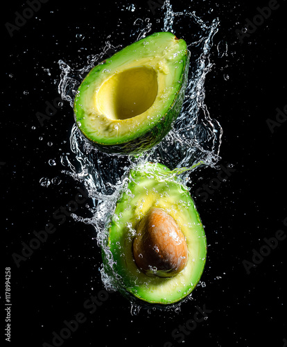 Two Avocado Halves in Water Splash