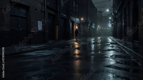 Lonely figure walking in a dark, rainy alley with reflections and dim street lights at night photo