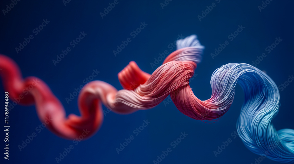 Fototapeta premium Abstract swirling strands of vibrant coral and blue hues against a deep blue background. A dynamic and colorful composition.