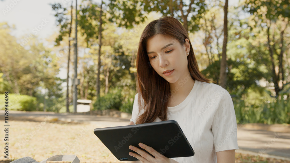 Asian Woman Working Remotely in a Park, Using Tablet for Hybrid Work Lifestyle, Tranquil Freelance, Joyful Digital Nomad in Nature, Relaxing and Working in Nature, Remote work using Tablet in greenery Asian Woman Working Remotely in a Park, Using Tablet for Hybrid Work Lifestyle, Tranquil Freelance, Joyful Digital Nomad in Nature, Relaxing and Working in Nature, Remote work using Tablet in greenery