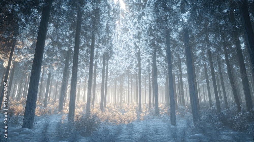 A dense forest of frosted pines, their snowy branches forming a natural canopy that filters soft winter light. A dense forest of frosted pines, their snowy branches forming a natural canopy that filters soft winter light.