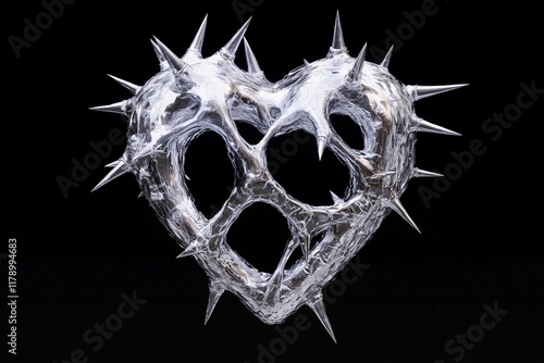 Silver Thorny Heart Sculpture on Black Background