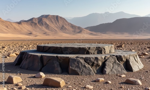 Mysterious stone platform in desert landscape photo