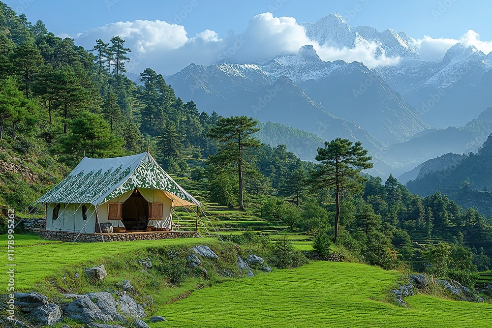 Fototapeta premium Serene Mountain Tent Camp nestled in a lush valley