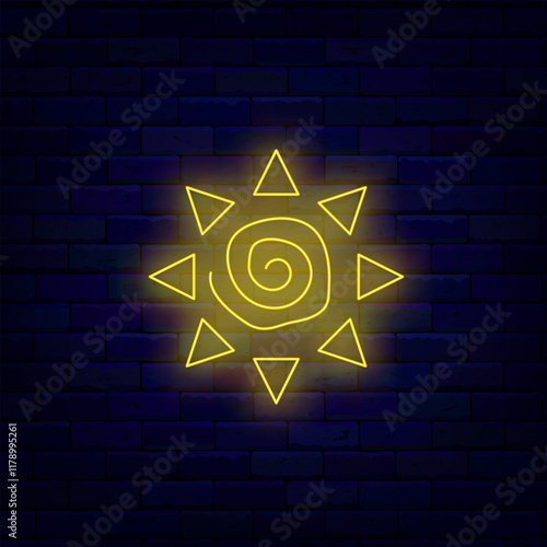 Maya Indians sun neon symbol. Mexico symbol. South America country. Vector stock illustration