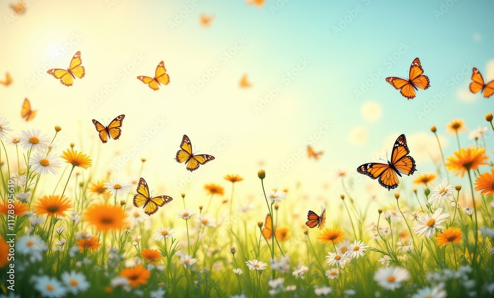Colorful butterflies in a vibrant meadow