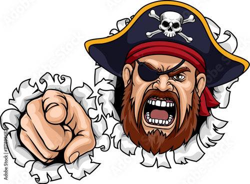 Pirate captain head or face, angry cartoon sports mascot man pointing finger at viewer.