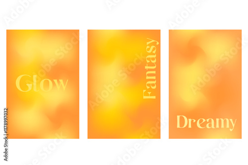 Abstract orange, yellow poster set, smooth blurred gradient background with glowing liquid blur banner. Golden color fluid poster with copy space. Wet brush watercolor splashes wavy texture.