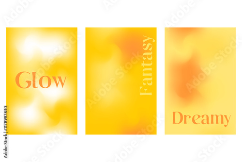 Abstract orange, yellow poster set, smooth blurred gradient background with glowing liquid blur banner. Golden color fluid poster with copy space. Wet brush watercolor splashes wavy texture.