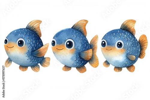 Three cute, cartoon-style fish with vibrant colors and expressive eyes.