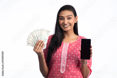 Indian Woman Holding Indian Currency Notes And Cellphone