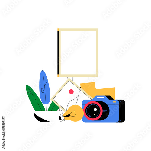 Photography Class Tools In Flat Vector Illustration Symbolizing Education, Creativity, And Skill Development, Isolated On White Background.