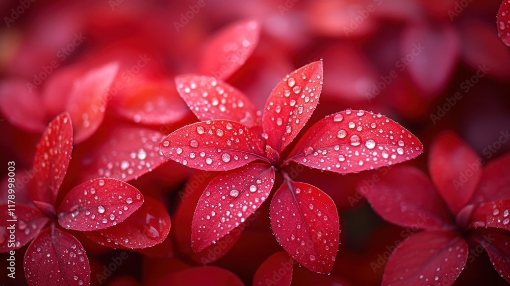 Dew drops on vibrant red autumn leaves. Dew drops on vibrant red autumn leaves.