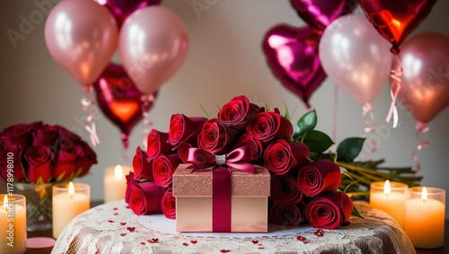 Gift box and candles. Romantic Gift with Roses, Heart Balloons, and Candles on a Festive Table. Valentine's Day or Wedding Banner. Greeting card, Valentine's Day or Wedding Invitation.
