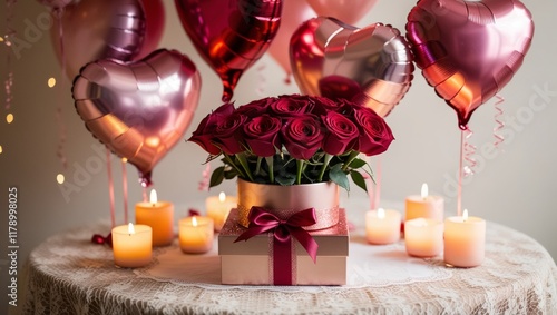 Romantic Gift with Roses, Heart Balloons, and Candles on a Festive Table. Valentine's Day or Wedding Banner. Greeting card, Valentine's Day or Wedding Invitation.