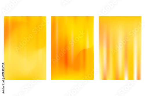 Abstract orange, yellow holographic poster set, smooth blurred gradient background with glowing liquid blur banner. Golden color fluid poster with copy space. Wet brush watercolor splashes wavy textur