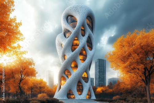 Futuristic architecture with unique design amidst autumn trees in urban setting