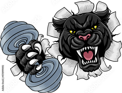 Black panther leopard or jaguar cat weight lifting dumbbell gym sports mascot