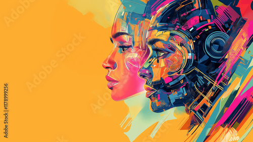 Illustration of a human artist and an AI robot working together on a digital painting. photo