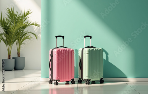 Stylish suitcases, one in bright pink and the other in a mix of light green and teal photo