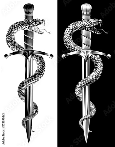 A dagger knife with snake wrapped around it in a vintage woodcut engraved etching tattoo illustration style