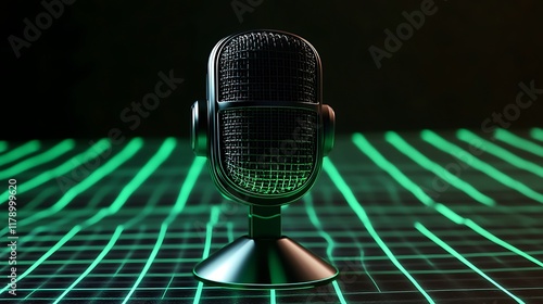 A sleek noise canceling microphone glowing on a grid pattern of neon green and black photo