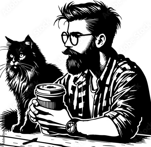 black silhouette of a man drinking coffee with a pet