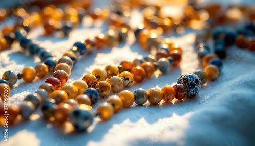 Golden Hour Gemstones: A Stunning Display of Amber and Blue Beads photo