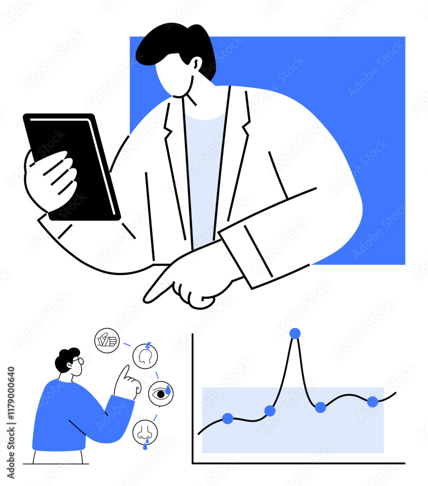 Person holding tablet analyzing charts another gesturing at icons graphs. Ideal for business, data analytics, decision-making, technology, teamwork, planning, innovation. Line metaphor Person holding tablet analyzing charts another gesturing at icons graphs. Ideal for business, data analytics, decision-making, technology, teamwork, planning, innovation. Line metaphor