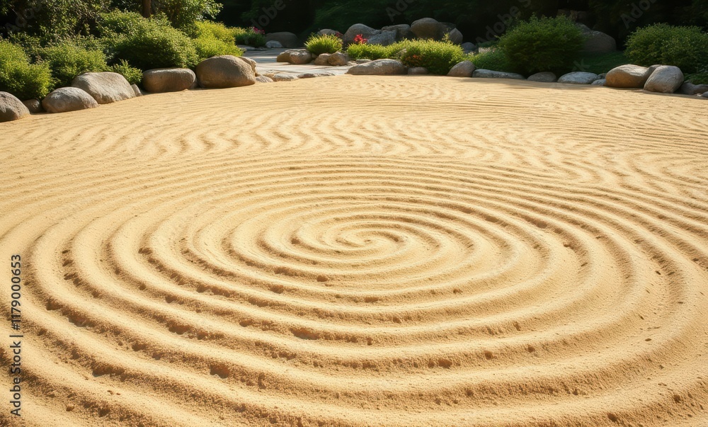 Intricate sand patterns in a zen garden Intricate sand patterns in a zen garden