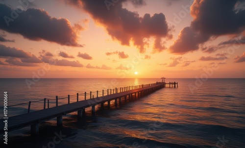 Serene sunset over a tranquil ocean pier photo