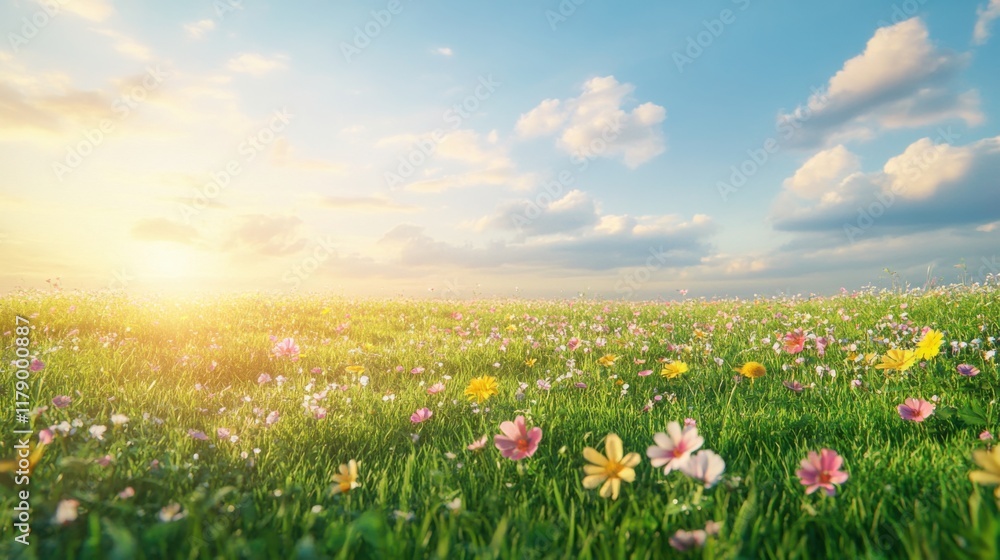 A panoramic view of a sunny spring meadow, with wildflowers in various colors scattered across lush green grass, bathed in soft sunlight A panoramic view of a sunny spring meadow, with wildflowers in various colors scattered across lush green grass, bathed in soft sunlight