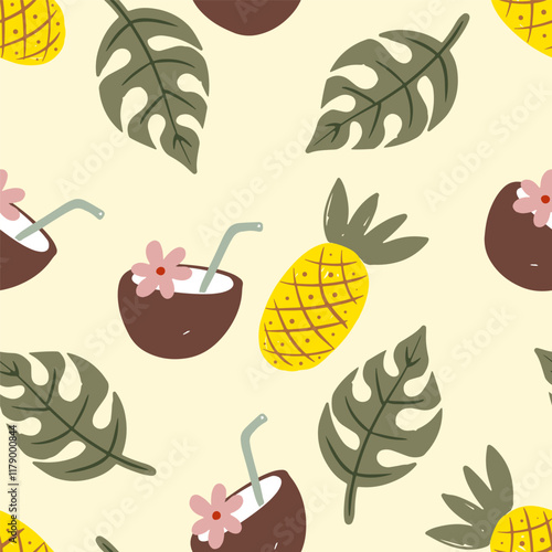 Hand drawn tropical pattern featuring pineapples, coconut drinks, and lush leaves in warm colors vector illustration