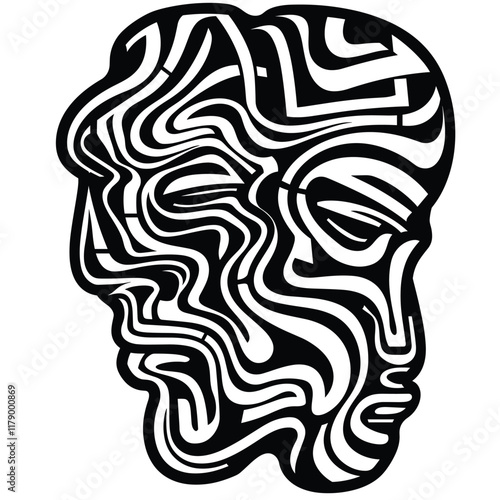 Abstract black and white face with wavy, intertwining lines.