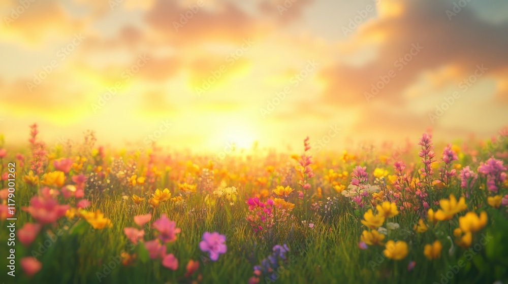 A serene spring meadow, with the vibrant colors of flowers and grass glowing under warm sunlight, creating a natural A serene spring meadow, with the vibrant colors of flowers and grass glowing under warm sunlight, creating a natural
