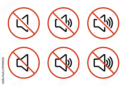 No sound speaker outline icon set. Audio forbidden sign symbol