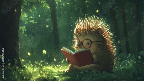 Cute hedgehog reading a book in a sunlit forest. photo