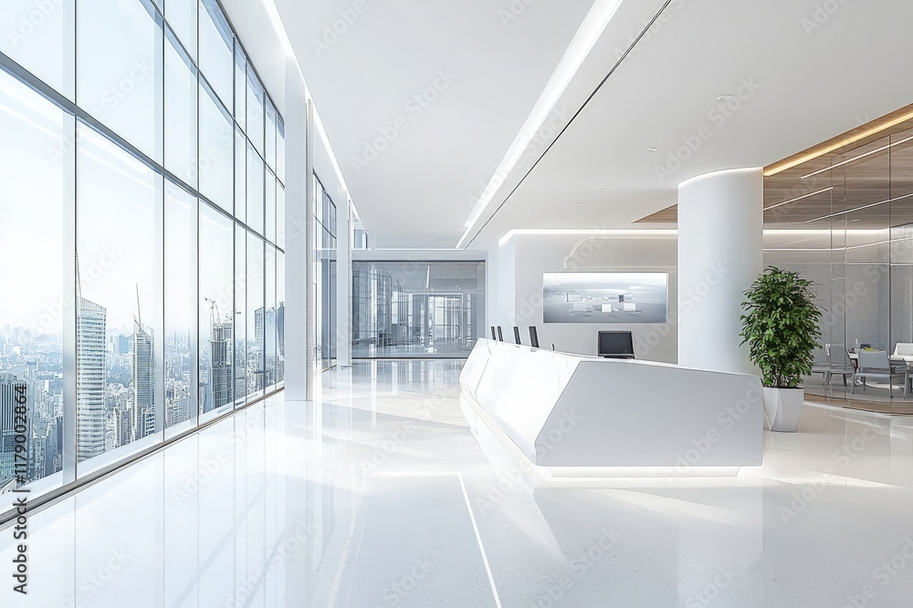 Modern open space white office with city view Modern open space white office with city view