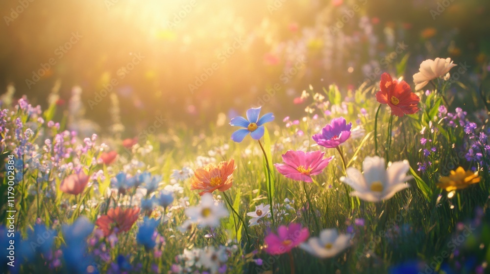 Obraz premium A breathtaking spring meadow scene with fresh green grass and colorful flowers illuminated by sunlight